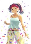  1girl absurdres black_hair blurry brown_eyes camisole clenched_hand dated depth_of_field hair_tie headband highres jewelry leaf necklace original ponytail rm_(sora_noko) smile solo wristband 