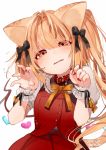  1girl animal_ears artist_name bangs bell black_bow blonde_hair bow buttons cat_ears cat_tail claw_pose collar dated fangs flandre_scarlet flying_sweatdrops gotoh510 hair_bow head_tilt heart highres jingle_bell kemonomimi_mode long_hair looking_at_viewer nail_polish puffy_short_sleeves puffy_sleeves red_eyes red_nails red_skirt short_sleeves signature simple_background skirt skirt_set solo tail touhou vest white_background wings wrist_cuffs 
