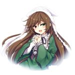  1girl :d bangs black_ribbon blush brown_hair dress eyebrows_visible_through_hair frilled_shirt_collar frilled_sleeves frills green_dress green_eyes hair_between_eyes hands_clasped head_scarf layered_sleeves long_hair long_sleeves looking_at_viewer moeki_yuuta open_mouth own_hands_together red_eyes ribbon rozen_maiden simple_background smile solo suiseiseki tsurime upper_body very_long_hair white_background wide_sleeves 
