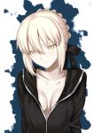  1girl artoria_pendragon_(all) besmiled black_ribbon black_shirt breasts cleavage collarbone eyebrows_visible_through_hair fate/stay_night fate_(series) hair_between_eyes hair_ribbon looking_away medium_breasts open_clothes open_shirt ribbon saber_alter shirt short_hair_with_long_locks sidelocks silver_hair solo upper_body white_background yellow_eyes 