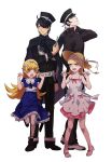  2boys 2girls alice_(megami_tensei) araragi_koyomi black_hair blonde_hair cape cosplay devil_summoner dress full_body grey_eyes hat highres kamizawa_(sark) kuzunoha_raidou monogatari_(series) multiple_boys multiple_girls oshino_shinobu school_uniform shin_megami_tensei sideburns simple_background white_background yellow_eyes 