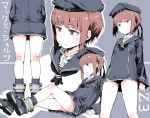  1girl auburn_hair bangs blue_footwear breasts brown_eyes character_name dress expressionless gomennasai hat kantai_collection sailor_dress sailor_hat short_hair sidelocks sitting small_breasts solo translation_request z3_max_schultz_(kantai_collection) 