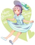  1girl 2016 bare_legs blouse bow commentary dated dress full_body hair_intakes happy_birthday hat hat_bow hat_removed headwear_removed heart heart_background idolmaster idolmaster_cinderella_girls koshimizu_sachiko looking_at_viewer no_nose purple_hair short_hair short_sleeves simple_background solo uso_(ameuzaki) yellow_eyes 