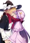  2girls apron black_hat black_skirt blonde_hair bow capelet commentary_request crescent eye_contact from_side hand_holding hat hat_bow highres imminent_kiss kirisame_marisa long_hair long_sleeves looking_at_another mob_cap multiple_girls patchouli_knowledge profile purple_hair purple_hat red_scarf scarf shared_scarf simple_background skirt smile touhou vanilla_(miotanntann) very_long_hair violet_eyes waist_apron white_background white_bow witch_hat yellow_eyes yuri 