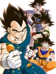  4boys armor bardock black_eyes black_hair carrot clenched_hand crossed_arms dougi dragon_ball dragonball_z eating father_and_son gloves looking_at_another looking_at_viewer looking_away male_focus masa_(p-piyo) multiple_boys nervous scar scouter serious simple_background smile son_gokuu spiky_hair sweatdrop tullece vegeta white_background wristband 