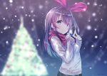  1girl a.i._channel bangs black_skirt blue_eyes blurry blurry_background blush bow breasts brown_hair christmas christmas_ornaments christmas_tree closed_mouth commentary_request eyebrows_visible_through_hair eyelashes fingers_together hair_bow hairband highres kizuna_ai long_hair long_sleeves looking_at_viewer multicolored_hair noto_kurumi pink_bow scarf skirt smile snowing solo streaked_hair sweater twitter_username white_sweater winter_clothes 