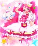  1girl :d animal_ears blue_eyes bow cake_hair_ornament choker creature cure_whip dress food_themed_hair_ornament full_body gloves hair_ornament happy highres jumping kirakira_precure_a_la_mode long_hair looking_at_viewer magical_girl open_mouth pekorin_(precure) pink_background pink_bow pink_eyes pink_footwear pink_hair pink_neckwear precure rabbit_ears ryochi_(pon1015) shoes smile sparkle star twintails usami_ichika white_dress white_gloves 