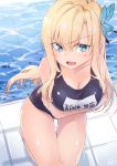  1girl blonde_hair blue_eyes boku_wa_tomodachi_ga_sukunai breasts butterfly_hair_ornament fang from_above hair_ornament highres kashiwazaki_sena kneeling large_breasts long_hair looking_at_viewer name_tag pool poolside school_swimsuit solo swimsuit yomio 
