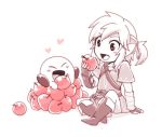  1boy apple chibi food fruit kirby kirby_(series) link male_focus open_mouth pointy_ears ponytail sayoyonsayoyo super_smash_bros. the_legend_of_zelda the_legend_of_zelda:_breath_of_the_wild 