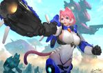  animal_ears ariverkao armor battle blue_eyes breasts cat_ears cat_tail covered_navel gun large_breasts leotard lips mecha multiple_boys multiple_girls original pink_hair short_hair signature skin_tight sky solo_focus tail thigh-highs weapon 