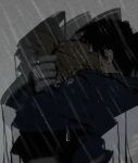  1boy 1girl black_hair blonde_hair fullmetal_alchemist gloves greyscale hug military military_uniform monochrome out_of_frame rain riza_hawkeye roy_mustang short_hair tied_hair uniform 