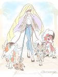  blonde_hair highres leash lusamine_(pokemon) lycanroc pokemon pokemon_(game) pokemon_sm rockruff sunglasses walking 