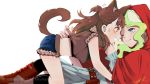  2girls animal_ears artist_name artist_request big_bad_wolf big_bad_wolf_(cosplay) commentary_request cosplay diana_cavendish highres hood kagari_atsuko little_red_riding_hood little_red_riding_hood_(cosplay) little_witch_academia multiple_girls one_eye_closed role_reversal tail wolf_ears wolf_tail yuri 