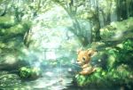  1boy artist_name deer deer_ears deer_tail doubutsu_no_mori fishing_rod highres leaf mituki peter_(doubutsu_no_mori) river sitting solo tree water 