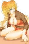  1girl blonde_hair blue_eyes breasts cleavage facial_mark genderswap genderswap_(mtf) large_breasts long_hair looking_at_viewer naruko naruto parted_lips sexy_no_jutsu sitting solo twintails uzumaki_naruto whisker_markings whiskers yukino_(0722) 