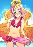  1girl bikini blonde_hair bow closed_mouth clouds collarbone cowboy_shot cure_flora gloves go!_princess_precure green_eyes haruno_haruka heart long_hair looking_at_viewer magical_girl multicolored_hair navel pink_hair precure red_bow rumo sky smile solo swimsuit two-tone_hair water white_gloves 