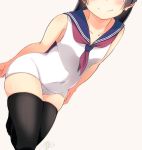  1girl black_hair black_legwear blush commentary head_out_of_frame mole mole_under_eye original out_of_frame school_swimsuit skindentation smile solo suzumeko swimsuit thigh-highs thighs white_background 