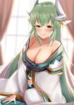  1girl backlighting bare_shoulders blue_kimono blurry blurry_background blush breasts cleavage closed_eyes collarbone curtains depth_of_field eyebrows_visible_through_hair fate/grand_order fate_(series) green_eyes green_hair highlights highres horns indoors japanese_clothes kimono kiyohime_(fate/grand_order) large_breasts long_hair long_sleeves looking_at_viewer maosame multicolored_hair obi off_shoulder open_clothes open_kimono sash solo sweat very_long_hair white_legwear wide_sleeves window 