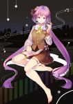  1girl bare_legs barefoot book bookmark brown_skirt buttons city closed_mouth commentary_request fingernails full_body hair_ribbon hand_up headphones headphones_around_neck highres long_hair long_sleeves looking_at_viewer miniskirt musical_note_hair_ornament night night_sky outdoors pink_eyes purple_hair ribbon sitting skirt sky smile solo star_(sky) starry_sky toenails touhou tsukumo_benben twintails very_long_hair vest wristband yetworldview_kaze 