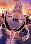  1girl aircraft airplane anchor asymmetrical_bangs azur_lane bangs belfast_(azur_lane) blush braid breasts chains cleavage collar condensation_trail curtsey dearonnus dress dutch_angle french_braid frilled_dress frills full_body gloves highres large_breasts lavender_hair long_hair looking_at_viewer maid maid_headdress ocean sash sky smile solo solo_focus sparkle sunset swept_bangs vambraces very_long_hair violet_eyes walking walking_on_liquid white_dress white_gloves 