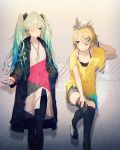  2girls aqua_hair bangs blonde_hair blue_eyes bow closed_mouth coat collarbone digital_media_player dress green_hair hair_bow hair_ornament hair_over_one_eye hairclip hand_in_hair hand_in_pocket hand_up hatsune_miku highres ipod ipod_nano jewelry kagamine_rin knee_up listening_to_music long_hair looking_at_another miniskirt mizuya_(caxas328) multiple_girls necklace one_eye_closed open_clothes open_coat open_mouth pantyhose rainbow shirt short_hair short_sleeves skirt smile standing striped striped_skirt thigh-highs twintails very_long_hair vocaloid white_bow white_dress yellow_shirt 