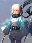  1girl absurdres ahoge black_legwear black_ribbon black_scarf blonde_hair cowboy_shot eyebrows_visible_through_hair fate/grand_order fate_(series) green_eyes hair_between_eyes hair_ribbon highres holding holding_sheath holding_sword holding_weapon japanese_clothes katana kimono kimono_skirt looking_at_viewer nebu_(pixiv22443854) okita_souji_(fate) parted_lips rain ribbon sakura_saber scarf shinsengumi short_hair solo standing sword thigh-highs weapon white_kimono 