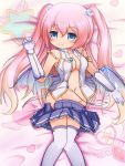  1girl angelic_buster bangs bare_shoulders bat_wings bed_sheet blue_eyes blue_wings blush breasts cleavage closed_mouth collarbone commentary_request detached_sleeves eyebrows_visible_through_hair gloves groin hair_between_eyes hand_up heart highres horns knees_together_feet_apart long_hair looking_at_viewer low_wings lying maplestory medium_breasts navel nekono_rin no_panties on_back open_clothes open_shirt open_skirt pleated_skirt purple_skirt shirt skirt skirt_pull sleeveless sleeveless_shirt smile solo star thigh-highs transparent_wings two_side_up very_long_hair white_gloves white_legwear white_shirt winged_heart wings zipper 
