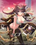 1girl animal_ears antenna_hair bandage bandaged_hands braid breasts brown_hair building camera cat_ears chains cleavage collarbone eyewear_removed highres large_breasts long_hair looking_at_viewer mappaninatta midriff navel official_art photo_(object) sky solo standing torn_clothes twin_braids venus_rumble violet_eyes 
