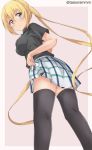  1girl bangs black_legwear black_shirt blend_s blonde_hair blue_eyes blush breast_pocket breasts brown_background commentary_request eyebrows_visible_through_hair from_below hair_between_eyes hinata_kaho long_hair looking_at_viewer looking_down medium_breasts pink_background plaid plaid_skirt pleated_skirt pocket shirt short_sleeves simple_background skirt skirt_hold solo tasora thigh-highs twintails twitter_username two-tone_background very_long_hair white_skirt 