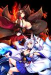  2girls akagi_(azur_lane) animal_ears azur_lane bangs black_hair blue_eyes blunt_bangs blush breasts cleavage closed_mouth commentary_request cowboy_shot fire fox_ears fox_mask fox_tail hakama_skirt highres japanese_clothes kaga_(azur_lane) large_breasts long_hair long_sleeves looking_at_viewer mask multiple_girls multiple_tails ouma_tokiichi parted_lips red_eyes shikigami short_hair silver_hair smile tail wide_sleeves 
