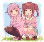  2girls bangs black_legwear blunt_bangs blush brown_eyes brown_hair cardigan clover dirty dirty_clothes dirty_face dress four-leaf_clover frilled_dress frills grass hair_ornament hairclip hood hoodie idolmaster idolmaster_cinderella_girls koshimizu_sachiko medium_hair messy_hair multiple_girls ogata_chieri outdoors purple_hair red_skirt shoes short_hair skirt sneakers squatting sweatdrop tearing_up twintails uso_(ameuzaki) 