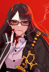  1girl black-framed_eyewear black_gloves black_hair blood blood_on_clothes blood_on_face contempt_awe_(e.g.o) e.g.o_(project_moon) glasses gloves holding holding_sword holding_weapon limbus_company long_hair looking_at_viewer project_moon red_background red_eyes ryoshu_(project_moon) shirt sidelocks simple_background solo sword upper_body very_long_hair weapon white_shirt yono_neie 