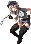  1girl belt black_gloves black_legwear fingerless_gloves gloves green_eyes grey_hair hand_cuffs hand_on_hip hat kantai_collection kinugasa_(kantai_collection) looking_at_viewer medium_hair miniskirt necktie panties pantyshot peaked_cap police police_hat police_uniform policewoman skirt solo thigh-highs tsukira_(amayadori) underwear uniform yellow_neckwear 