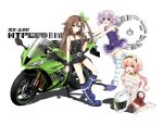  bare_shoulders blonde_hair bow breasts brown_hair compa d-pad d-pad_hair_ornament green_eyes ground_vehicle hair_bow hair_ornament highres if_(choujigen_game_neptune) long_hair looking_at_viewer motor_vehicle motorcycle multiple_girls neptune_(choujigen_game_neptune) neptune_(series) purple_hair ribbon smile solo striped striped_legwear vehicle violet_eyes 