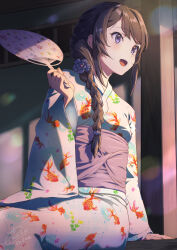  1girl animal_print braid breasts brown_hair fireworks fish_print floral_print flower goldfish_print hair_flower hair_ornament hairclip hand_fan highres holding japanese_clothes kimono long_hair obi open_mouth print_kimono raiz_art_works sakurajima_mai sash seishun_buta_yarou sitting small_breasts solo violet_eyes wide_sleeves yukata 