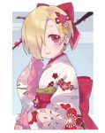  1girl asymmetrical_hair bow branch cherry_blossoms commentary earrings hair_bow hair_over_one_eye idolmaster idolmaster_cinderella_girls japanese_clothes jewelry kimono light_smile lipstick looking_at_viewer makeup red_eyes shirasaka_koume short_hair solo upper_body uso_(ameuzaki) 