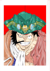  2boys absurdres alternate_costume black_eyes black_hair border clenched_teeth commentary_request facial_hair gol_d._roger green_hat hat highres looking_at_viewer male_focus monkey_d._luffy multiple_boys mustache okiayu0327 one_piece pirate_hat red_border scar scar_on_cheek scar_on_chest scar_on_face short_hair skull_print smile teeth 