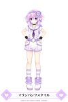  1girl belt company_name double-breasted dress full_body hair_ornament hairband hand_on_hip highres looking_at_viewer neptune_(choujigen_game_neptune) neptune_(series) official_art purple_hair sailor_dress short_hair simple_background smile solo striped striped_legwear violet_eyes white_background wristband 