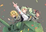  3girls absurdres anchovy anzio_military_uniform anzio_school_uniform bangs black_cape black_hair black_neckwear black_ribbon black_shirt blonde_hair braid brown_eyes cape carpaccio carro_armato_p40 closed_eyes confetti dress_shirt drill_hair eyebrows_visible_through_hair feitendo girls_und_panzer green_hair grey_background grey_jacket grin ground_vehicle hair_ribbon highres jacket laughing long_hair long_sleeves military military_uniform military_vehicle motor_vehicle multiple_girls necktie open_mouth pepperoni_(girls_und_panzer) pointing red_eyes ribbon school_uniform shirt short_hair side_braid simple_background smile tank twin_drills twintails uniform white_shirt 