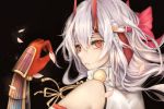  1girl bow fate/grand_order fate_(series) hair_between_eyes hair_bow hair_ornament hairband hatey_hatety horns long_hair looking_back petals red_eyes solo tomoe_gozen_(fate/grand_order) white_hair 