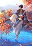  1boy autumn_leaves black_gloves blue_eyes blue_hair branch gloves hakama highres in_tree japanese_clothes leaf male_focus mikazuki_munechika sandals sayagata sitting smile tabi touken_ranbu tree water yuki-bayashi 