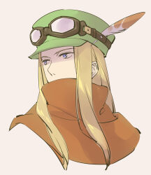  1boy blonde_hair blue_eyes cropped_torso goggles goggles_on_headwear green_hat hat hat_feather kanikame long_hair looking_afar ranger_(sekaiju) ranger_1_(sekaiju) scarf scarf_over_mouth sekaiju_no_meikyuu sekaiju_no_meikyuu_1 sidelocks simple_background solo 