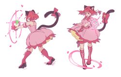  1girl animal_ears bell bow breasts cat_ears cat_girl cat_tail choker commentary curemi detached_sleeves dress dynamic_pose english_commentary gloves highres jingle_bell magical_girl mew_ichigo momomiya_ichigo pink_choker pink_eyes pink_hair puffy_detached_sleeves puffy_sleeves red_gloves short_hair simple_background strawbell_bell tail tail_bell tail_bow tail_ornament tokyo_mew_mew white_background 