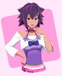  1girl :d acchi_(koiyimknp) bare_shoulders bow digimon digimon_world_-next_0rder- fang hair_between_eyes hair_ornament hairband halter_top halterneck hand_on_hip highres looking_at_viewer midriff off-shoulder_shirt oofuchi_himari open_mouth pointing pointing_at_self purple_hair purple_shirt shirt short_hair smile spiky_hair violet_eyes x_hair_ornament 