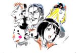  2girls 3boys black_hair blonde_hair blush_stickers expressionless facial_hair fujii_daisuke fukuwara_mask green_eyes hat hayama_jun&#039;ichi headset marker_(medium) mask miss_x_(tiger_mask) monocle mr._x_(tiger_mask) multiple_boys multiple_girls mustache open_mouth orange_eyes takaoka_haruna tiger_mask_(series) tiger_mask_w traditional_media 