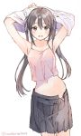  1girl :d armpits arms_up bangs black_hair black_skirt blue_eyes blush camisole cowboy_shot hair_between_eyes hanekoto long_hair looking_at_viewer navel open_mouth original pleated_skirt shirt sidelocks simple_background sketch skirt smile solo twintails twitter_username undressing white_background white_shirt 