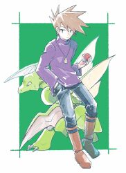  1boy black_pants boots border brown_footwear brown_hair full_body gary_oak green_background hair_between_eyes hand_in_pocket holding holding_poke_ball jewelry long_sleeves looking_at_viewer male_focus michibata_65 pants pendant poke_ball pokemon pokemon_(creature) purple_shirt scyther shirt short_hair spiky_hair turtleneck white_border 