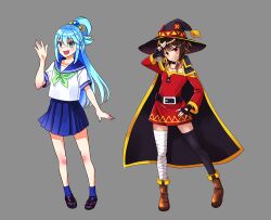  2girls aqua_(konosuba) belt blue_hair brown_hair cape dress hat kono_subarashii_sekai_ni_shukufuku_wo! long_hair megumin miniskirt multiple_girls red_dress school_uniform serafuku short_hair skirt thigh-highs waving wizard_hat yuuku 