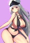  1girl alternate_breast_size alternate_costume arms_at_sides azur_lane bangs bare_arms bare_shoulders bikini black_bikini blush breasts center_opening chikuwabu_(cafeinbiard) cleavage closed_mouth contrapposto cowboy_shot curvy enterprise_(azur_lane) erect_nipples eyebrows eyebrows_visible_through_hair eyelashes facing_away front-tie_bikini front-tie_top frown grey_hair groin hat highres huge_breasts legs_apart long_hair navel peaked_cap purple_background simple_background solo stomach swimsuit thick_thighs thighs very_long_hair violet_eyes white_hat wide_hips 