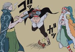  3boys abunaideka benn_beckman blue_hair buggy_the_clown cape cigarette commentary_request detached_feet green_background green_sash grey_hair gun hair_slicked_back highres holding holding_gun holding_weapon leg_hair male_focus multiple_boys one_piece ponytail red_nose redhead sash shanks_(one_piece) shirt simple_background smoke tripping weapon white_shirt 